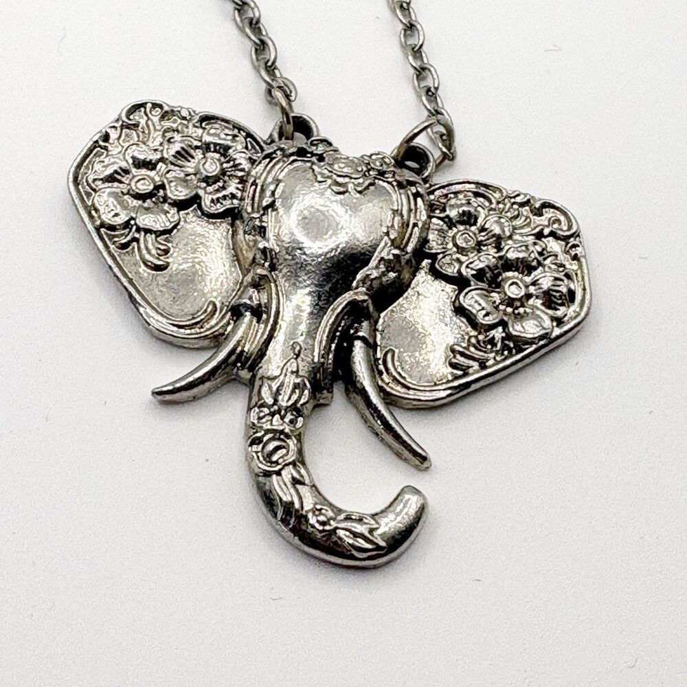 Elephant Floral Pendant Silver Tone Necklace 20” BOHO Artisanal Fashion Jewelry